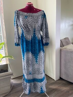 Blue Printed Long Sleeve Beachy Summer Maxi Dress